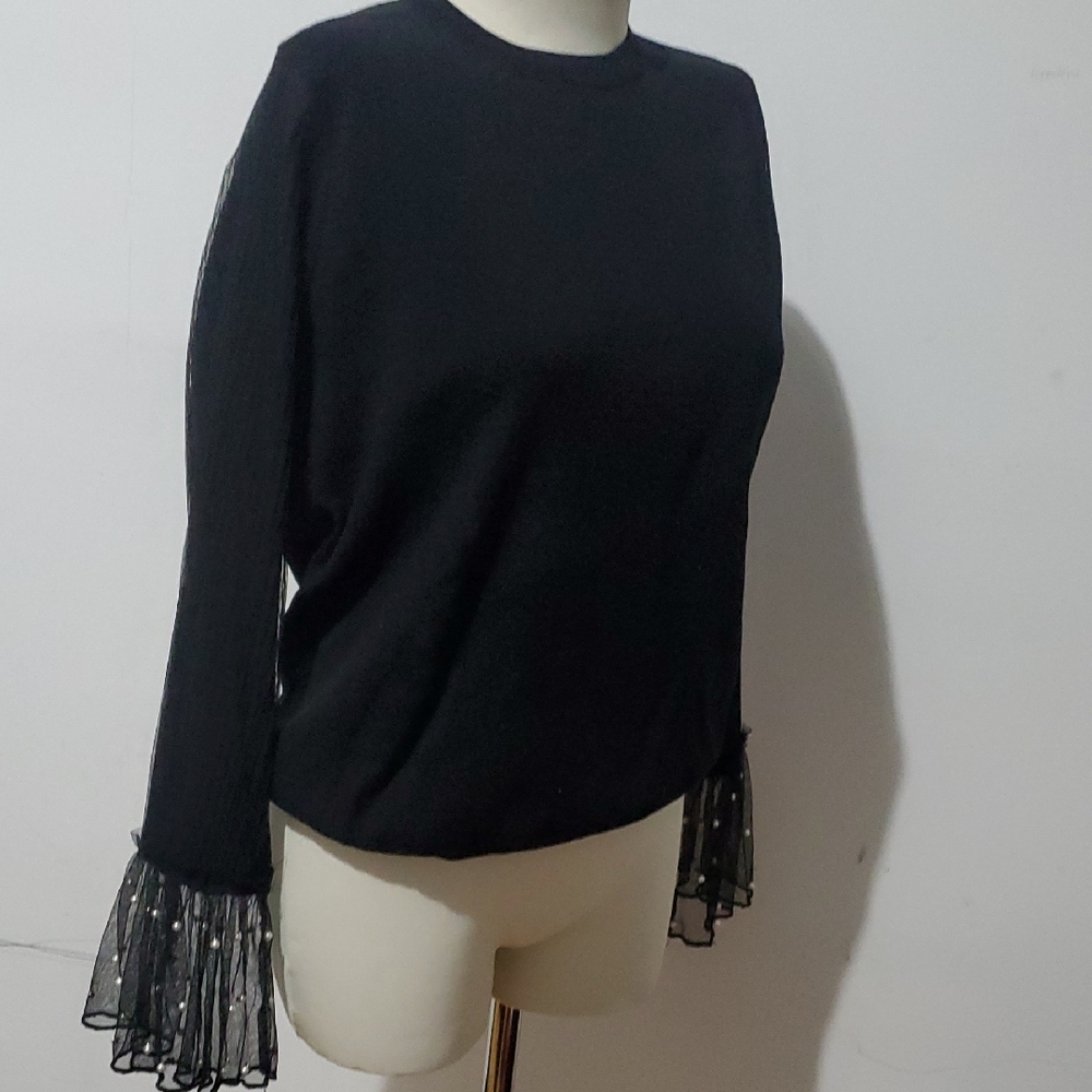 Paper Parachute Elegant Black Top with Sheer Sleeves